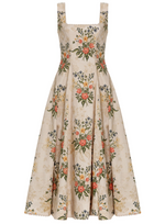 Agua By Agua Bendita Pistilo Dress: A sleeveless, A-line floral print midi dress in cream poplin with repeating embroidery and a square neckline.