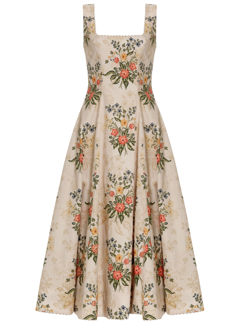 Agua By Agua Bendita Pistilo Dress: A sleeveless, A-line floral print midi dress in cream poplin with repeating embroidery and a square neckline.
