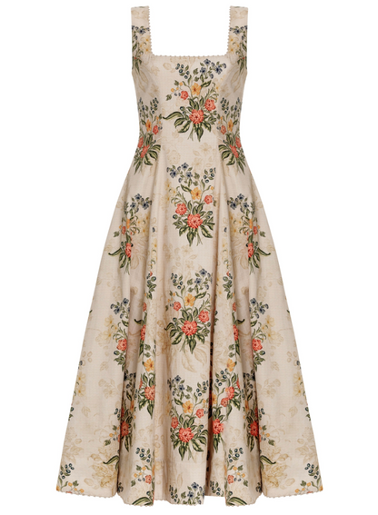 Agua By Agua Bendita Pistilo Dress: A sleeveless, A-line floral print midi dress in cream poplin with repeating embroidery and a square neckline.