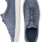 The Peter Millar Vantage Lite Suede Sneaker, shown in blue with a comfort-enhancing suede upper and white rubber soles, is featured from the side and top view against a white background.