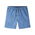 The Peter Millar Island Palms Swim Trunk in light blue features a subtle pattern, quick-drying fabric, a comfortable mesh liner, an elastic waistband, and a small round logo near the left hem, shown against a white background.