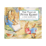 Cover of "The Tale of Peter Rabbit - Board Book" by Penguin Random House, featuring illustrated rabbits in a garden—one adult and three young rabbits.