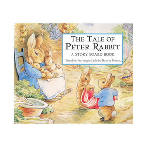 Cover of "The Tale of Peter Rabbit - Board Book" by Penguin Random House, featuring illustrated rabbits in a garden—one adult and three young rabbits.
