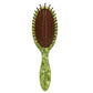 The Machete Petite Travel Detangling Hair Brush, crafted from luxurious Italian acetate, boasts an elegant green design with a brown bristle pad and sleek black-tipped detangling bristles.