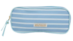 The Peyton Pencil Pouch by The Beaufort Bonnet Company is a rectangular, light blue and white striped zippered pouch with a small beige label on the front.