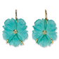 The New Bloom Earrings by Lizzie Fortunato feature turquoise mother-of-pearl flower drops with gold hooks and a central sky blue topaz gemstone on each bloom.