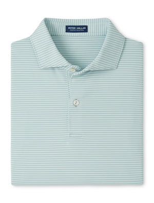 The Peter Millar Ballad Performance Jersey Polo is a neatly folded light blue and white striped shirt featuring a collar, two-button placket, and comfortable four-way stretch.