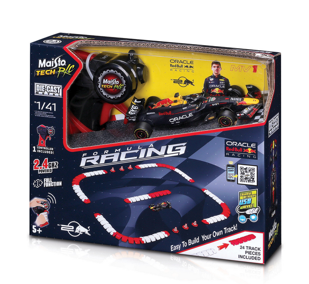 Boxed Maisto R/C 1:41 DC Oracle Red Bull RB2 Formula Racing car set with remote control, featuring Red Bull Racing branding and a driver image; includes race track pieces for assembly.