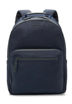 The Peter Millar Pursuit Backpack in navy has a front zip pocket, padded shoulder straps, a small top logo, and a dedicated laptop pocket—ideal for daily commutes or travel.