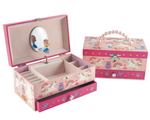 Two Rainbow Woodland Jewelry Boxes by Floss and Rock in pink, featuring enchanting unicorn and rainbow designs—one is open to display its compartments, mirror, and a beautiful ballerina perfect for a musical jewelry box; the other is closed with a pearl handle, making it a magical addition to any child’s collection.
