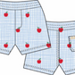 The Beaufort Bonnet Company Baby Boys and Boys' Sheffield Shorts in light blue plaid with red apple pattern, elastic waist, single back pocket with a small label and bird illustration shown front and back.