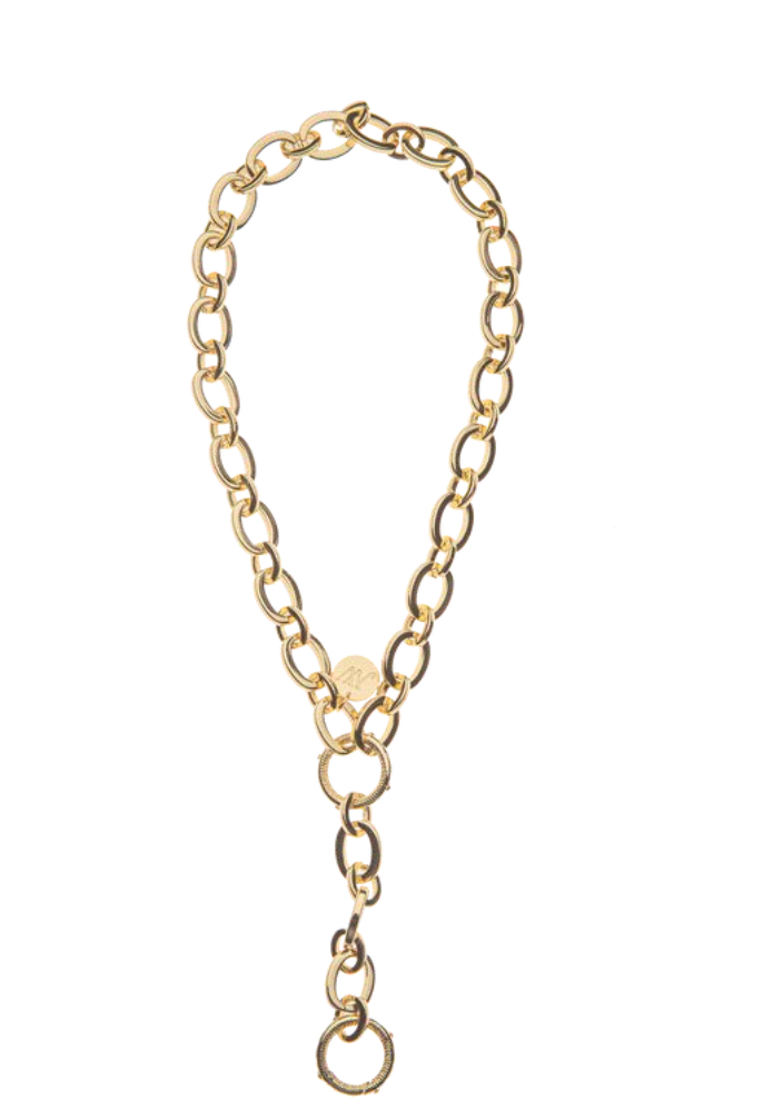 The Jane Win Necklace Chain Collection showcases large interlocking links and a round pendant, emphasizing the versatility of chain necklaces against a clean white background.