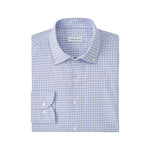 The Peter Millar Phillip Performance Twill Sport Shirt is a neatly folded, long-sleeve button-up with a light blue and white plaid pattern, crafted from UPF 50+ performance fabric.