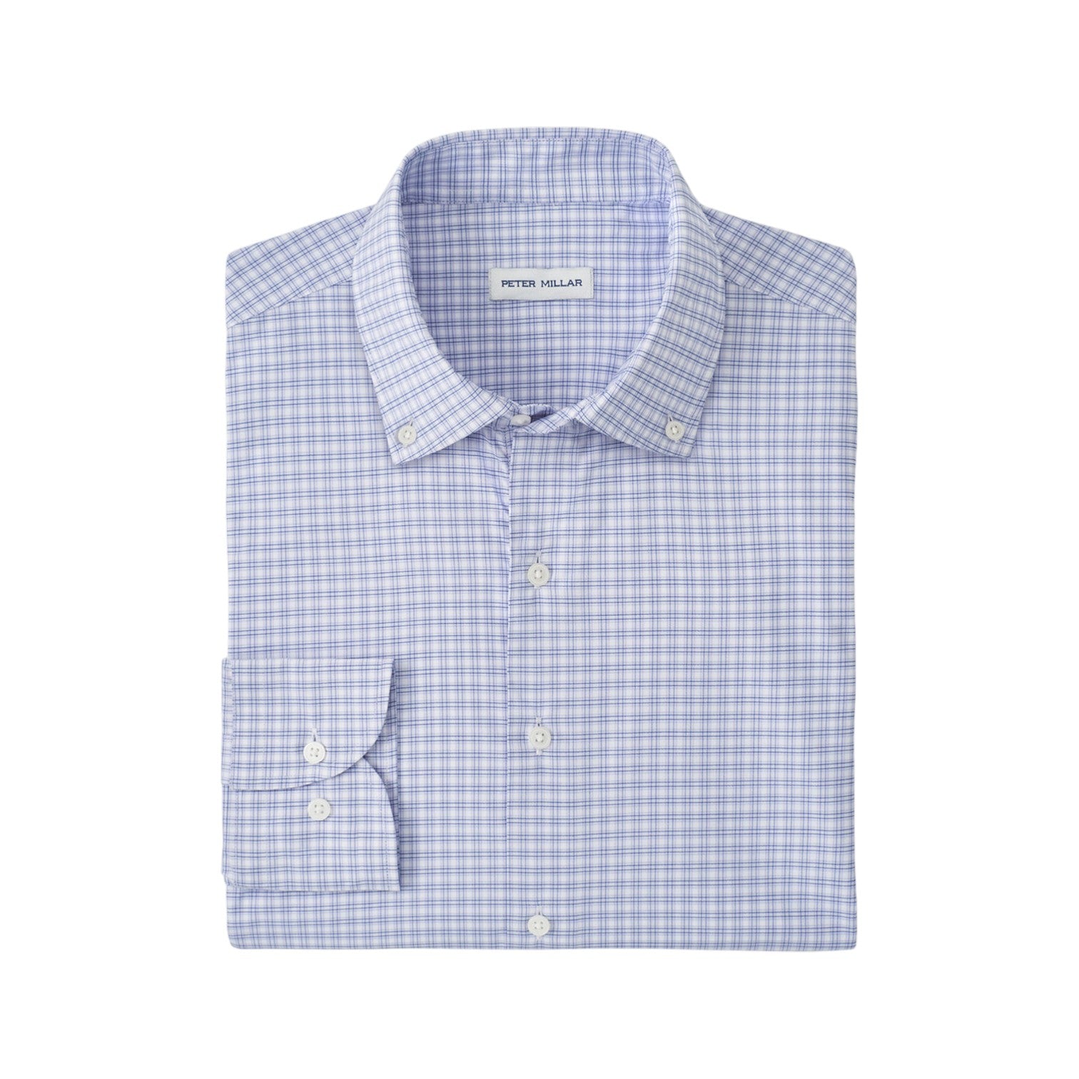 The Peter Millar Phillip Performance Twill Sport Shirt is a neatly folded, long-sleeve button-up with a light blue and white plaid pattern, crafted from UPF 50+ performance fabric.
