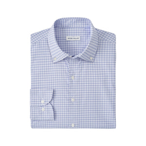 The Peter Millar Phillip Performance Twill Sport Shirt is a neatly folded, long-sleeve button-up with a light blue and white plaid pattern, crafted from UPF 50+ performance fabric.