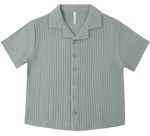 The Rylee & Cru Boys' Lapel Collar Shirt in sea green features a waffle texture, wooden buttons, and is shown laid flat on a white background.