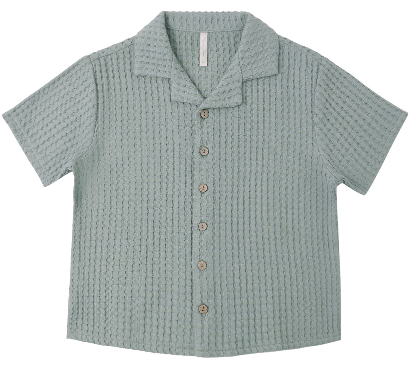 The Rylee & Cru Boys' Lapel Collar Shirt in sea green features a waffle texture, wooden buttons, and is shown laid flat on a white background.