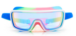 The Bling2O Kids' Prismatic Goggles, featuring a white frame, prismatic UV-protection lenses, and a multicolored head strap, are displayed against a white background.