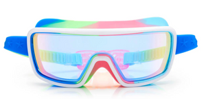 The Bling2O Kids' Prismatic Goggles, featuring a white frame, prismatic UV-protection lenses, and a multicolored head strap, are displayed against a white background.
