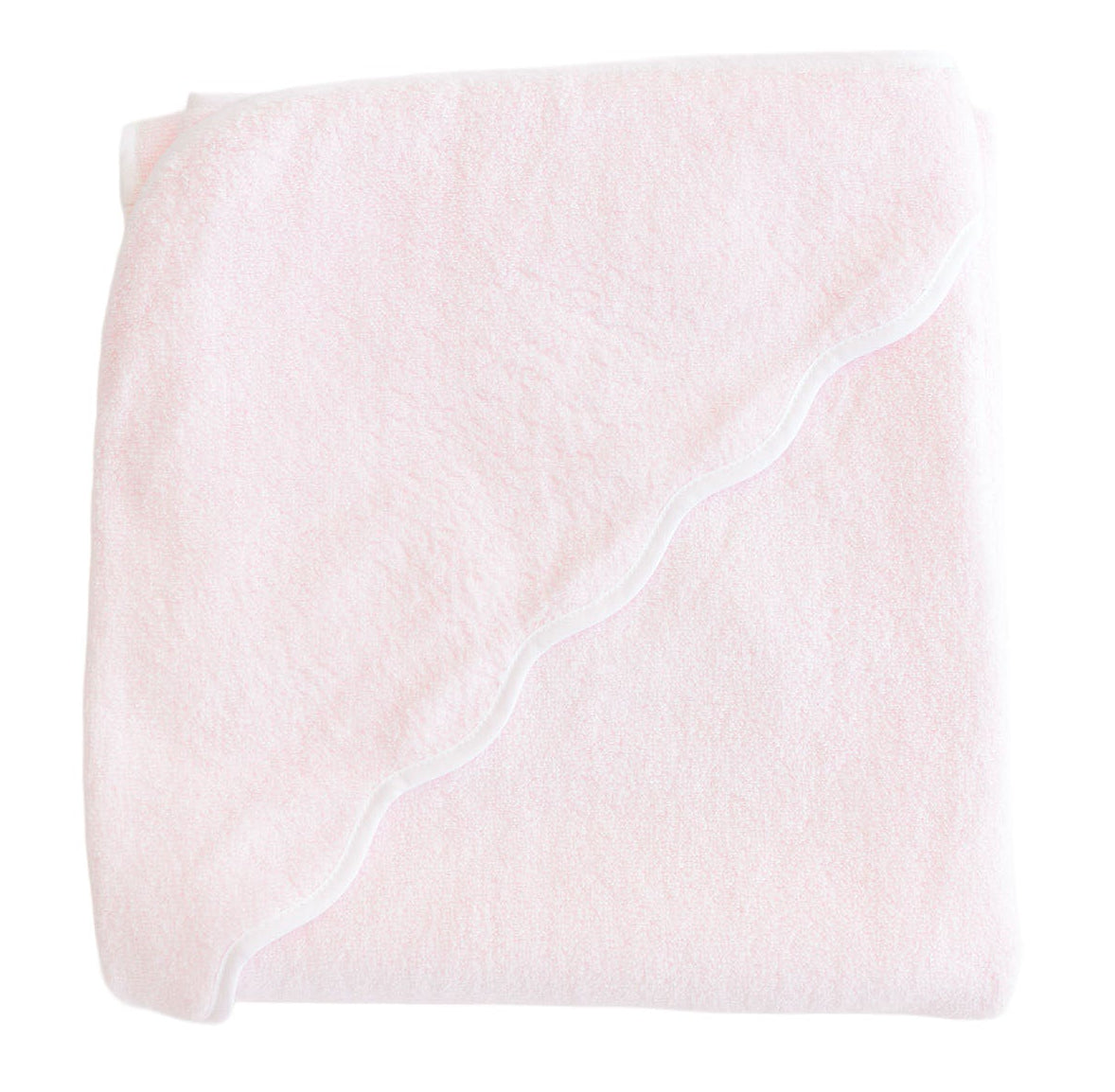 The Terry Tots Kids’ Scalloped Hooded Towel, shown in a gentle light pink with charming scalloped edges against a clean white background, is an adorable nursery essential perfect for your little one.