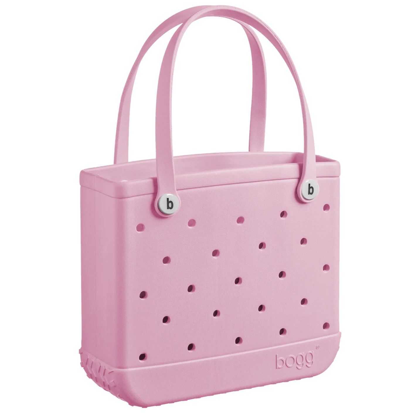 A rugged pink Baby Bogg Bag from Bogg Bags, showcasing perforations and two sturdy handles, with the "bogg" logo elegantly embossed at the base. It is fully washable for effortless upkeep.