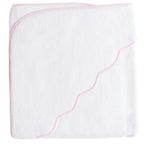 The Kids’ Scalloped Hooded Towel by Terry Tots is a charming nursery essential, featuring a white design with a pink scalloped trim and a neatly folded hooded corner that highlights its curved edge—perfect for wrapping up your little one.
