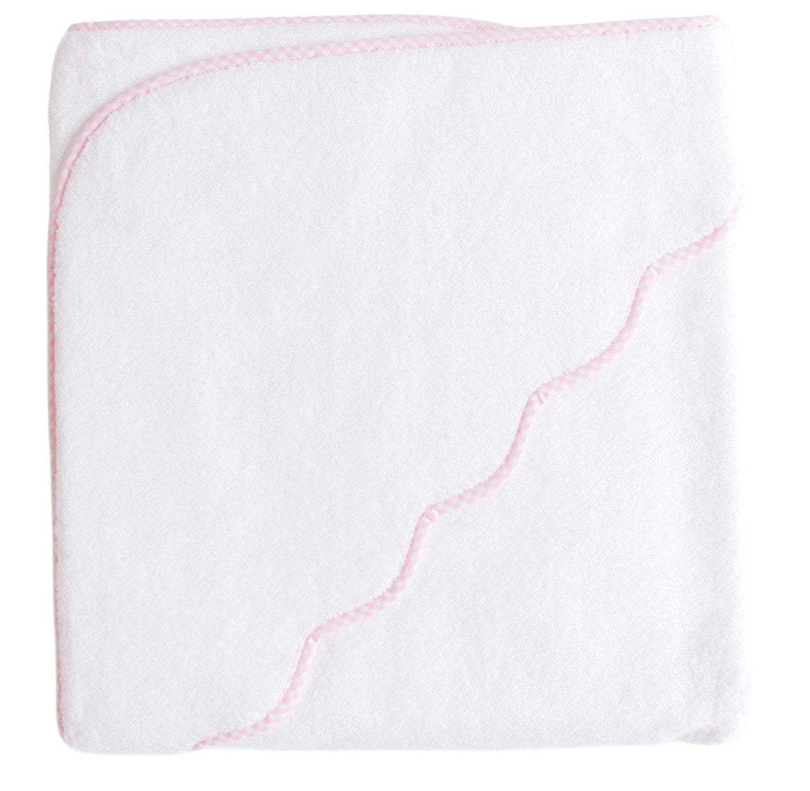 The Kids’ Scalloped Hooded Towel by Terry Tots is a charming nursery essential, featuring a white design with a pink scalloped trim and a neatly folded hooded corner that highlights its curved edge—perfect for wrapping up your little one.