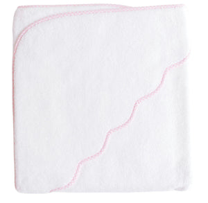 The Kids’ Scalloped Hooded Towel by Terry Tots is a charming nursery essential, featuring a white design with a pink scalloped trim and a neatly folded hooded corner that highlights its curved edge—perfect for wrapping up your little one.