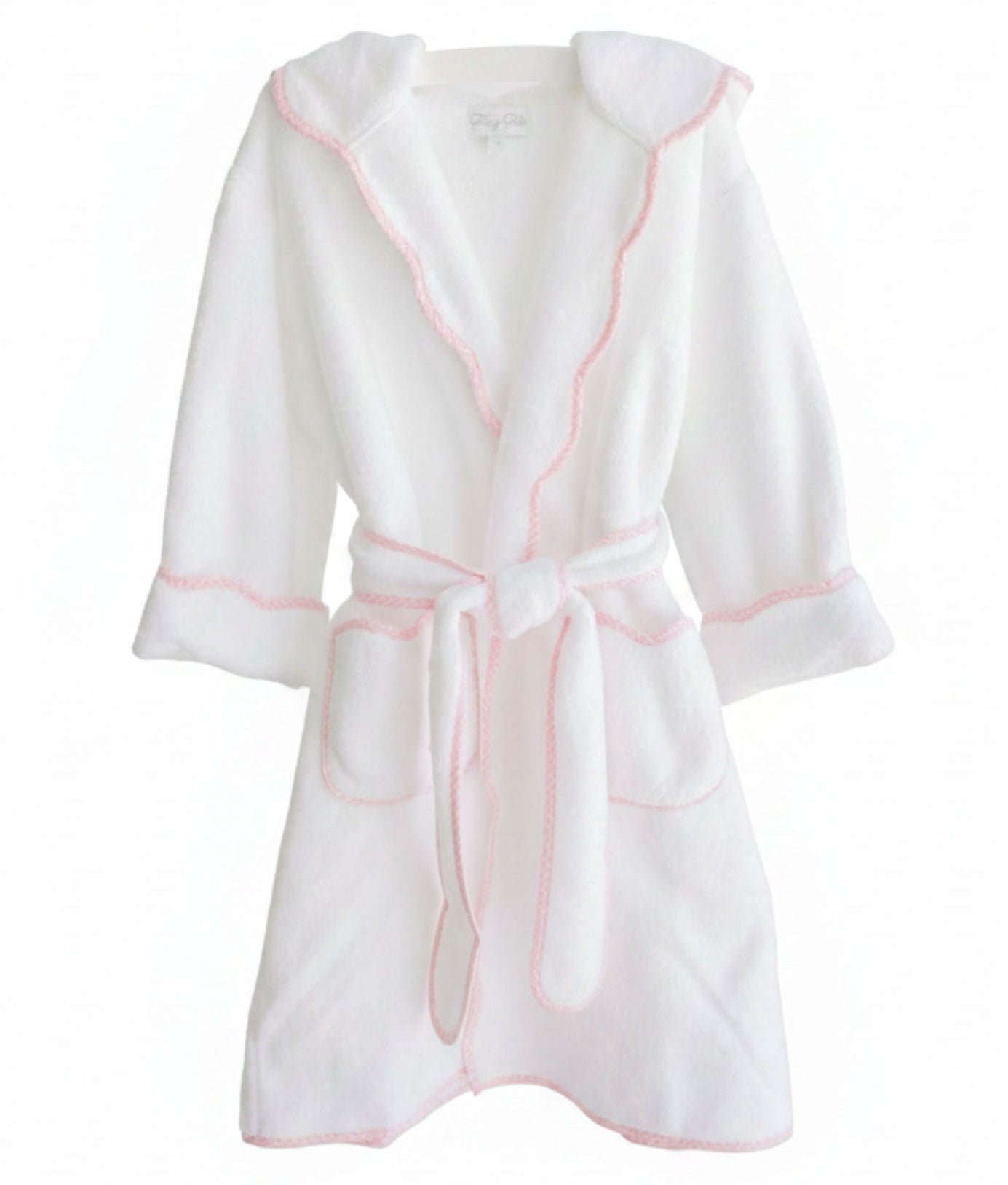 The Terry Tots Kids’ Bathrobe features a cozy white terrycloth design with long sleeves, a waist tie, and a hood, accented by a playful pink scalloped gingham trim. Displayed against a plain white background.