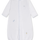 The Kissy Kissy Baby SCE Jungle Hang Out Convertible Gown is a white, long-sleeved infant gown crafted from soft Peruvian cotton and detailed with light blue trim and small embroidered animal designs featuring an elephant, giraffe, and lion.