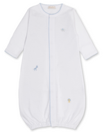 The Kissy Kissy Baby SCE Jungle Hang Out Convertible Gown is a white, long-sleeved infant gown crafted from soft Peruvian cotton and detailed with light blue trim and small embroidered animal designs featuring an elephant, giraffe, and lion.