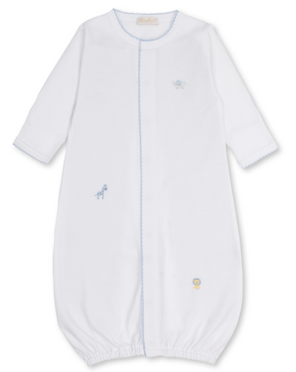 The Kissy Kissy Baby SCE Jungle Hang Out Convertible Gown is a white, long-sleeved infant gown crafted from soft Peruvian cotton and detailed with light blue trim and small embroidered animal designs featuring an elephant, giraffe, and lion.
