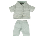 Introducing the Maileg Pajamas for Little Brother Mouse, a delightful two-piece green and white checkered outfit from Maileg. It includes a short-sleeve collared shirt and matching shorts, perfect for a cozy pajama party with its charming design.