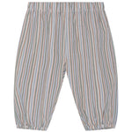 Introducing the Serendipity Baby Light Woven Pants—loose-fitting, baggy baby pants with a comfortable elastic waistband and ankles. Featuring vertical stripes in blue, pink, green, and white hues, these pants are crafted from GOTS certified organic cotton for exceptional comfort and sustainability.