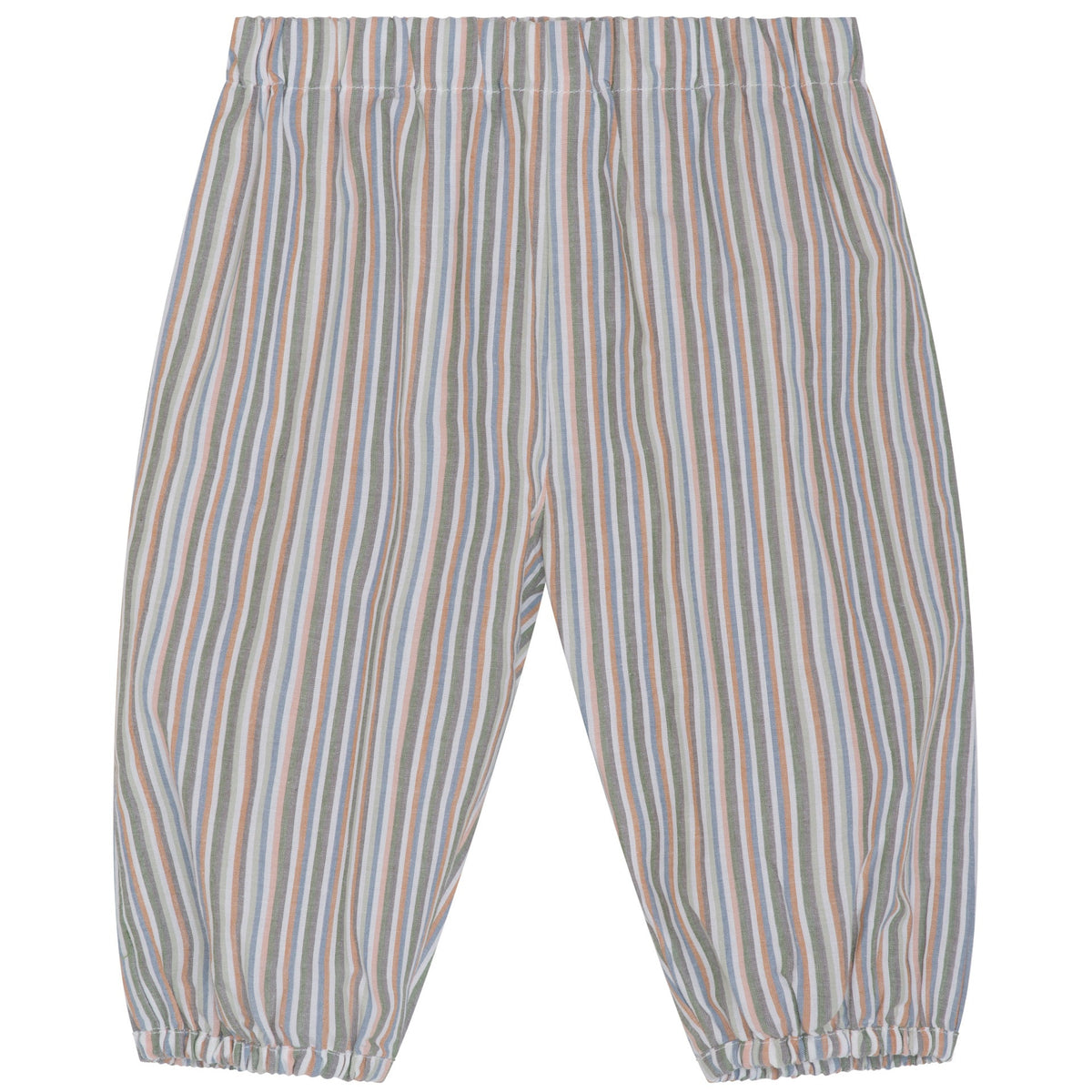 Introducing the Serendipity Baby Light Woven Pants—loose-fitting, baggy baby pants with a comfortable elastic waistband and ankles. Featuring vertical stripes in blue, pink, green, and white hues, these pants are crafted from GOTS certified organic cotton for exceptional comfort and sustainability.
