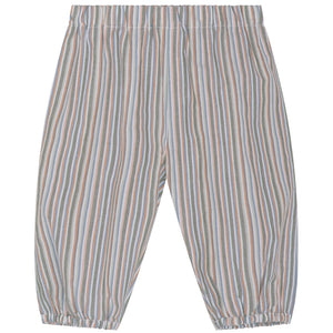 Introducing the Serendipity Baby Light Woven Pants—loose-fitting, baggy baby pants with a comfortable elastic waistband and ankles. Featuring vertical stripes in blue, pink, green, and white hues, these pants are crafted from GOTS certified organic cotton for exceptional comfort and sustainability.