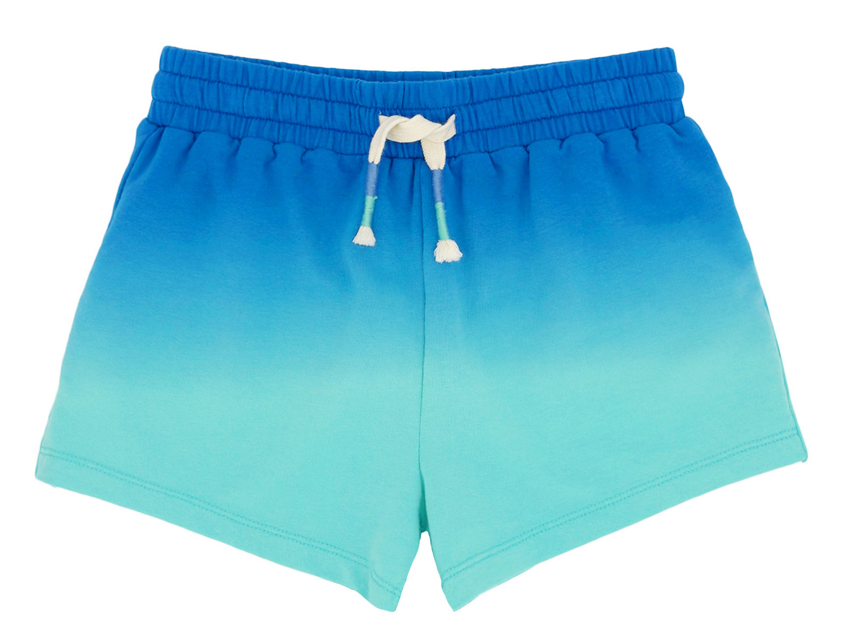 Baby Girls’ and Girls’ Weekend Short by Feather 4 Arrow in a blue and turquoise ombre design, featuring an elastic waistband with adjustable drawcord, laid flat on a white background.