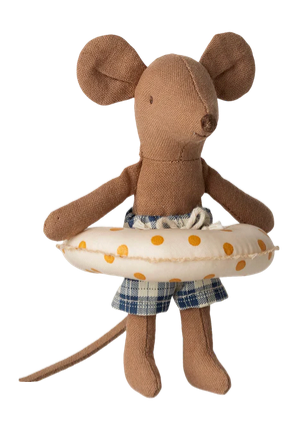 Maileg’s Beach Mouse with Yellow Dot Float - Little Brother is a charming stuffed fabric mouse dressed in blue plaid swim trunks and a white inflatable swim ring with yellow dots, making him the perfect companion for sunny beach adventures.