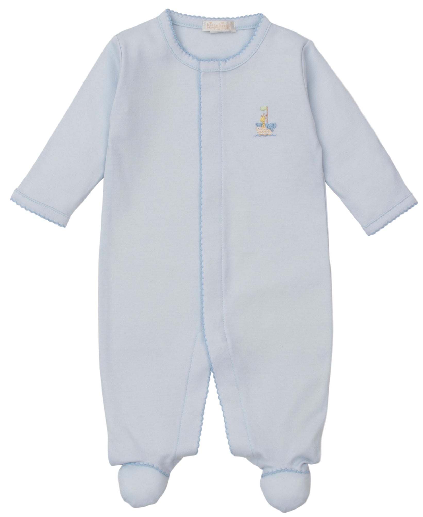 The Kissy Kissy Baby Premier Noah's Ark Footie with Hand Emb. is a light blue, long-sleeve Pima cotton onesie with footed legs, subtle blue trim, and a small embroidered giraffe on the left chest.