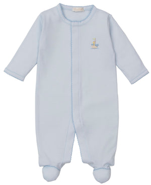 The Kissy Kissy Baby Premier Noah's Ark Footie with Hand Emb. is a light blue, long-sleeve Pima cotton onesie with footed legs, subtle blue trim, and a small embroidered giraffe on the left chest.