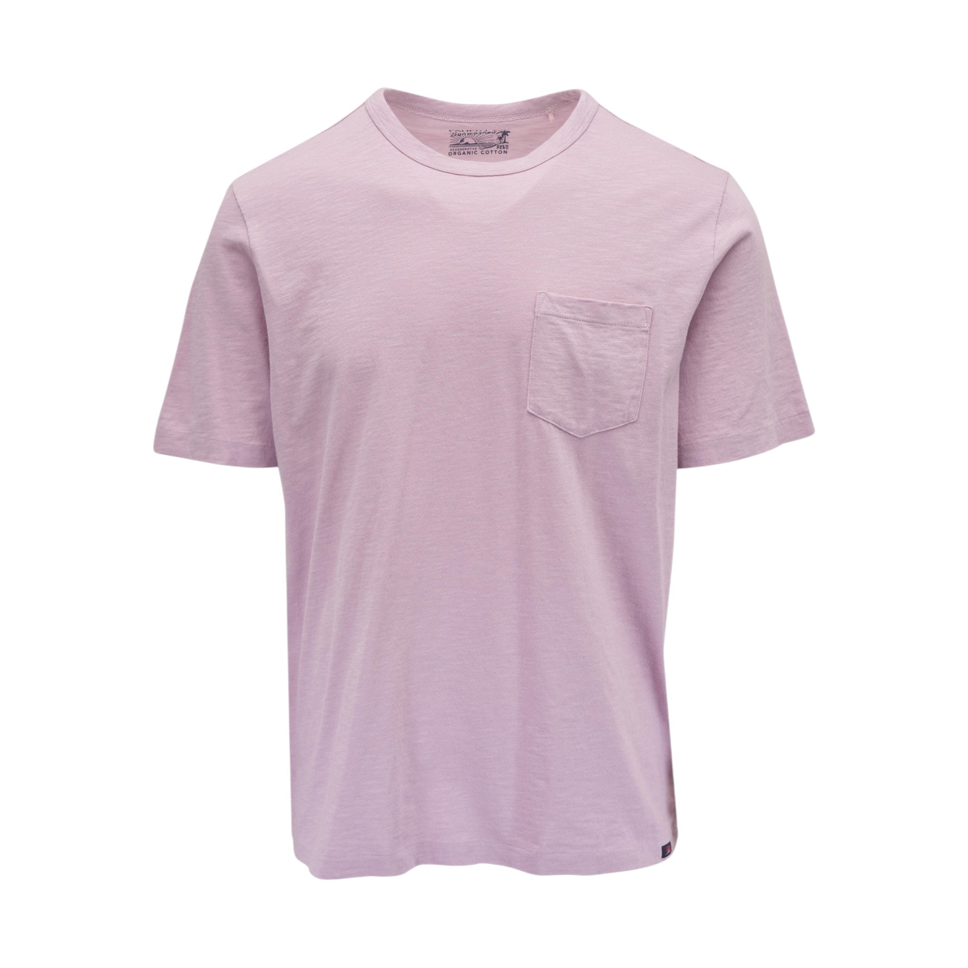 The Faherty Sunwashed Pocket Tee in light pink is crafted from regenerative organic cotton with a relaxed silhouette, round neckline, and single chest pocket, shown on a plain white background.