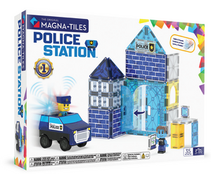 The Magnatiles Police Station 35-Piece Set includes a police car, two figures, a station structure, and a light-and-sound tile for interactive play. Suitable for ages 3+.