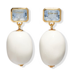 The La Paz Earrings by Lizzie Fortunato feature gold statement settings with rectangular pale blue glass and large oval porcelain bead drops.