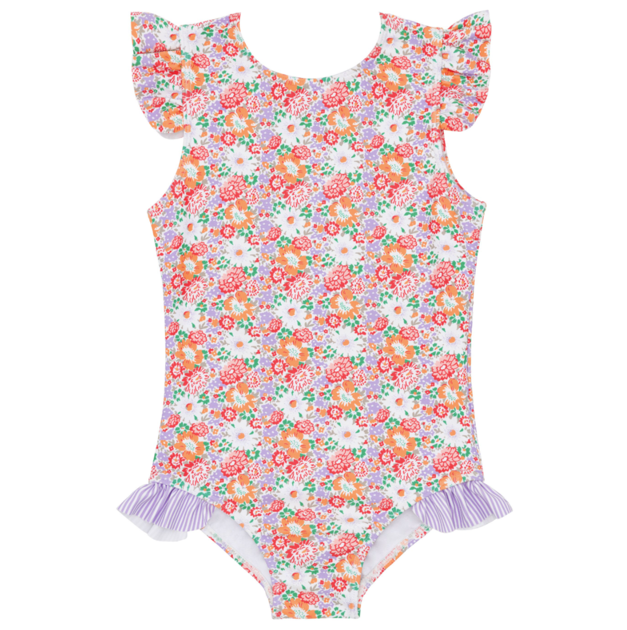 The Girls' Island Blossom Ruffle Cap Sleeve Rashguard One Piece by Minnow is a floral-patterned swimsuit with ruffle sleeves and a purple-striped ruffle at the waist.