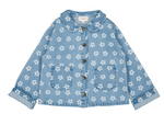 The Louis Louise Girls’ Brune Denim Flower Jacket features a light blue wash with delicate white floral prints, front button closure, two front pockets, and a rounded collar. With cuffed sleeves and a classic silhouette, this essential jacket is laid flat against a white background—perfect for brightening up any girl’s wardrobe with its charming floral details.