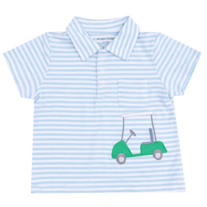 The Angel Dear Baby Boys' and Boys' Golf Blue Stripe Polo with Applique features light blue and white stripes, a chest pocket, and a green golf cart—perfectly paired with muslin shorts for a playful look.