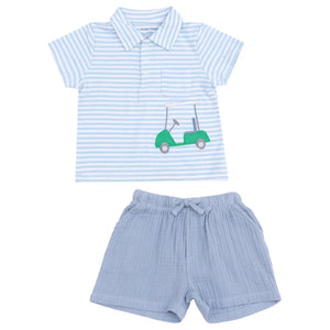 The Angel Dear Baby Boys' and Boys' Golf Blue Stripe Polo with Applique and Muslin Short features a light blue striped polo with a golf cart design, plus matching comfy muslin shorts—perfect for your child.