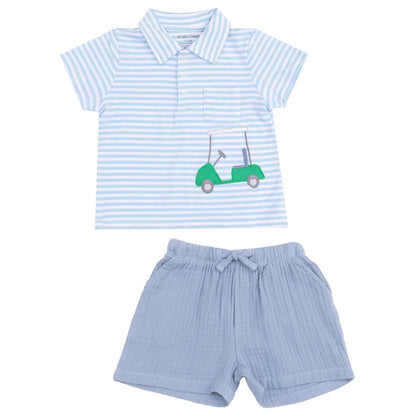 The Angel Dear Baby Boys' and Boys' Golf Blue Stripe Polo with Applique and Muslin Short features a light blue striped polo with a golf cart design, plus matching comfy muslin shorts—perfect for your child.