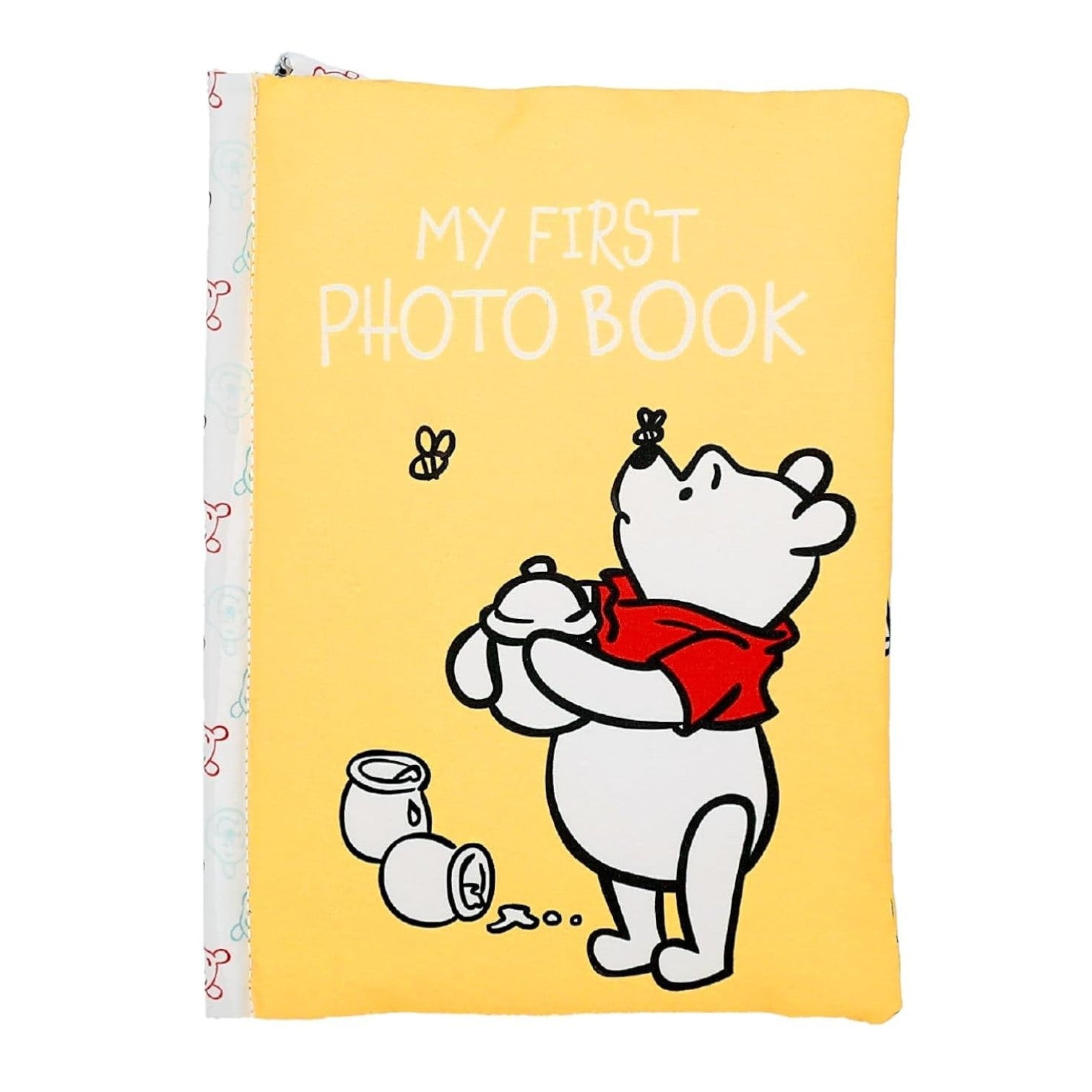 The Kids Preferred Winnie the Pooh My First Photo Book has a yellow cover with Pooh holding a honey pot, bees flying around, and honey jars—perfect for saving your baby’s special memories.