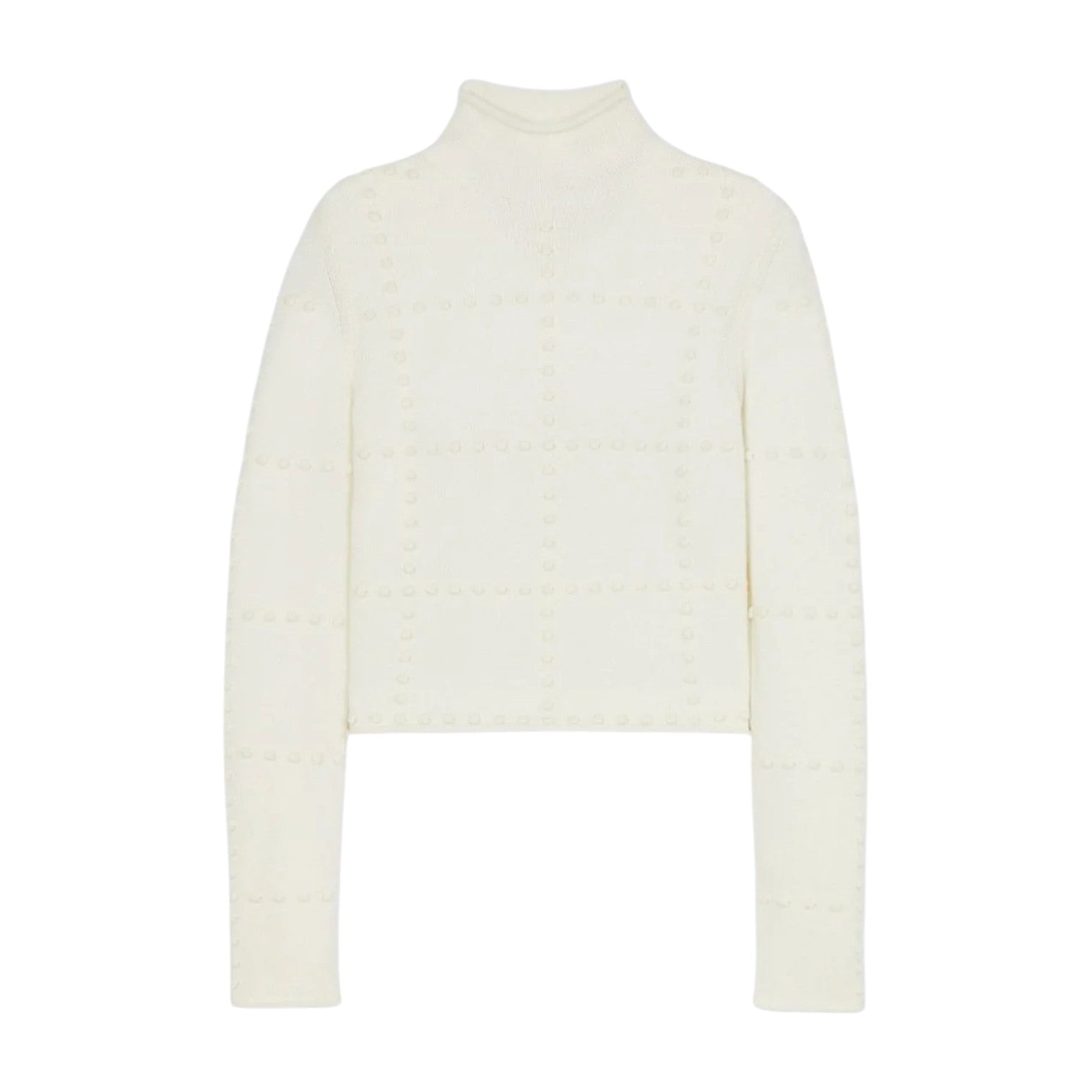 The Popcorn Cashmere Top by Guest in Residence is a white women's long-sleeve mock neck sweater with a subtle grid pattern and textured popcorn dots.